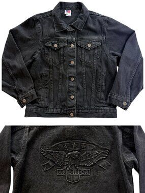 VTG Tyca Denim Jacket Small Made in USA Black Embossed Eagle America Trucker 90s